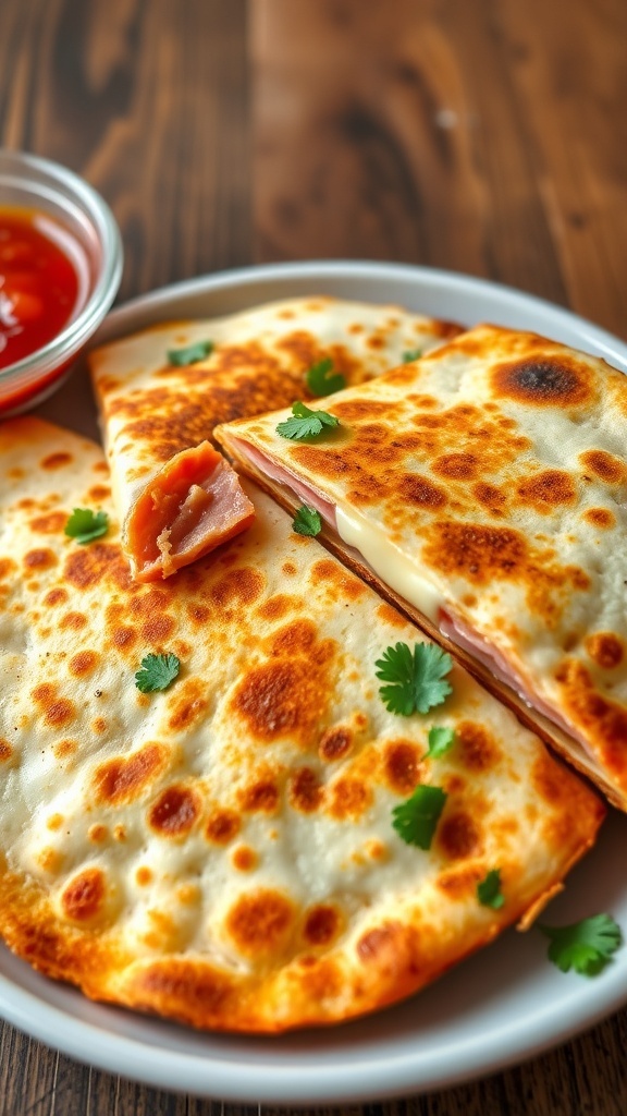 Ham and Cheese Quesadilla Recipe Crispy ham and cheese quesadilla cut into wedges, served with salsa and garnished with cilantro.